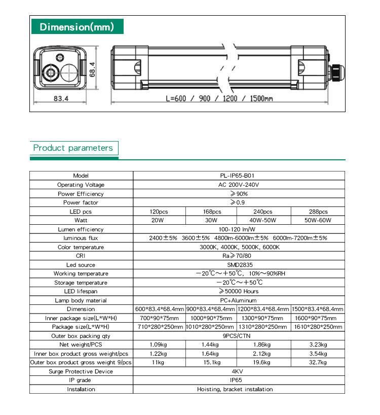 Wholesale PC Cover IP65 Waterproof 40W 50W LED Triproof Linear Light