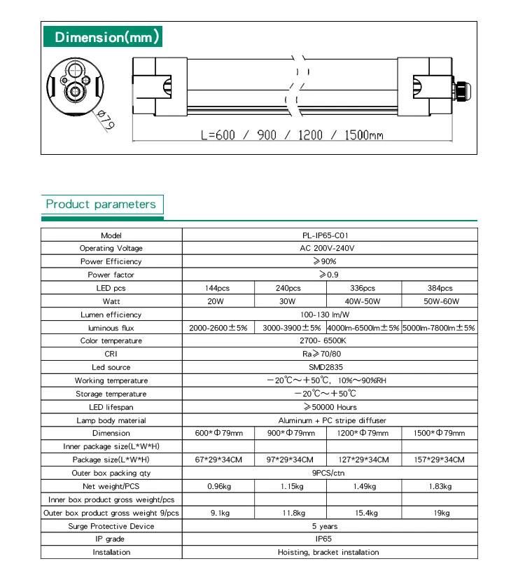 IP65 LED Tri-Proof Light 20W High Power Waterproof LED Tube Triproof Light