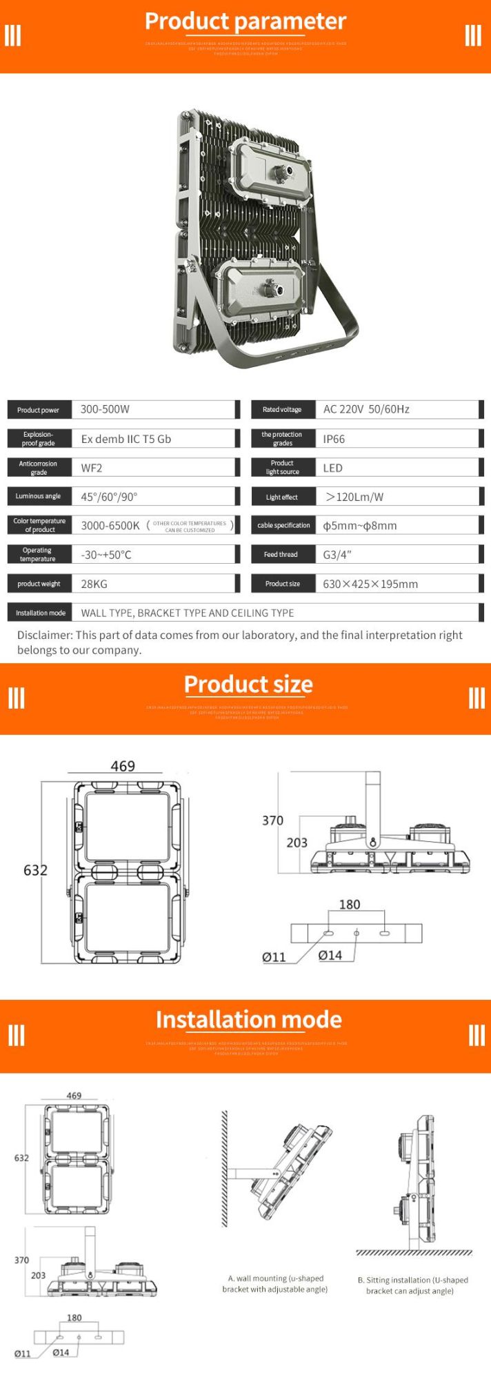 China Supplier LED Industrial High Brightness High Power 500W LED Explosion Proof Light