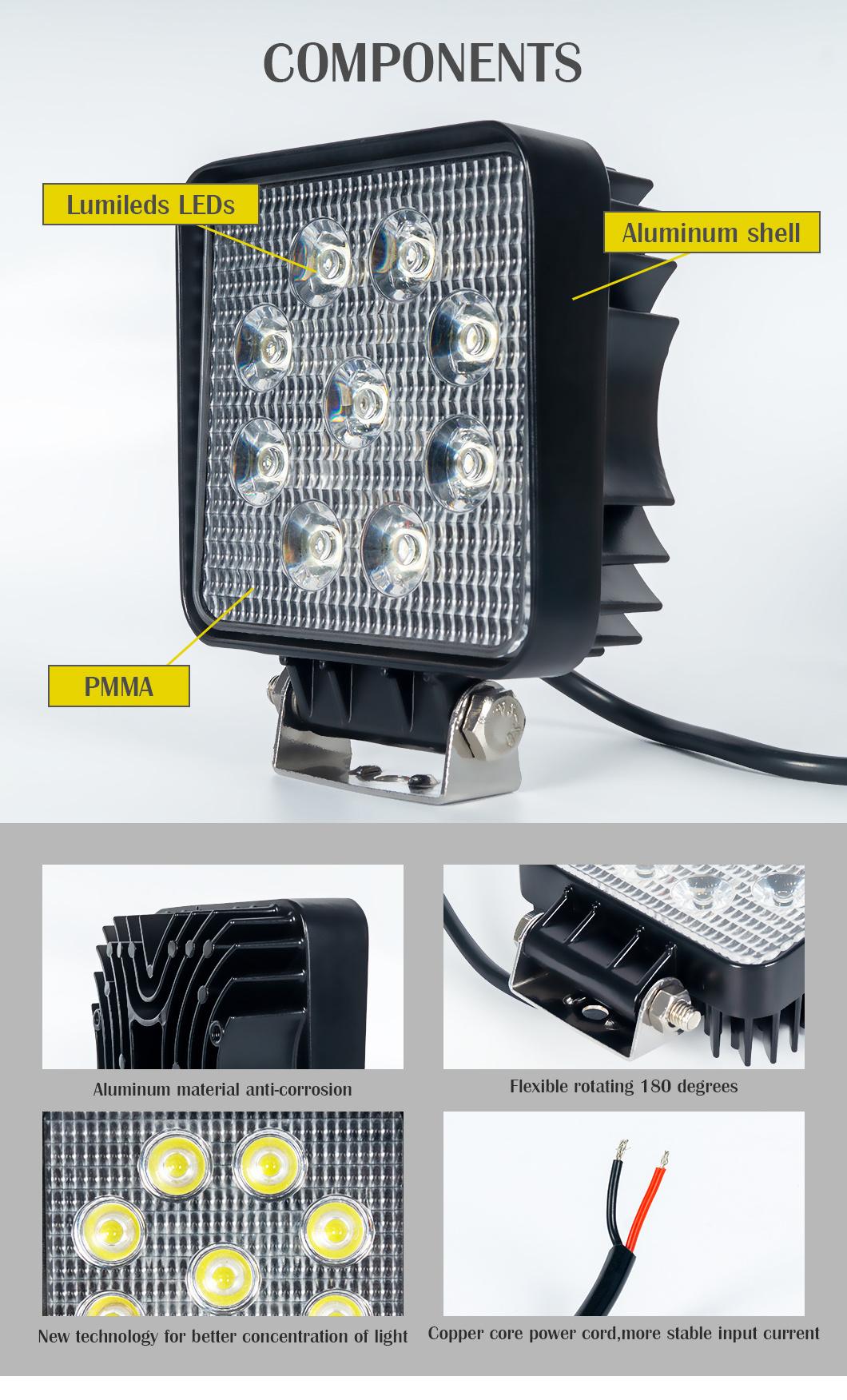 Square 9PCS 27W LED Work Lamp for Offroad Tract Heavy Truck