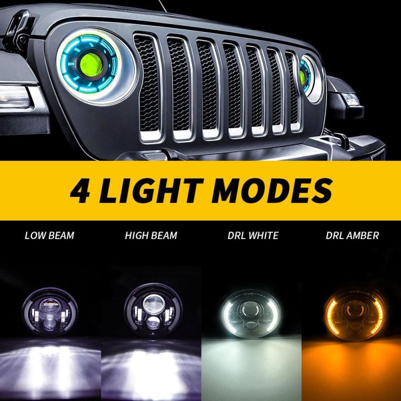 Dxz 7inch 6LED C Shape Thick Waterproof Hi/Low H4 H13 Light Halo Angle Eyes LED Headlamp for Jeep Lada