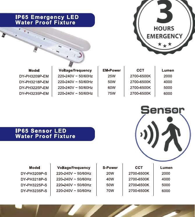 2700-6500K High Lumen LED Waterproof Outdoor Light with Emergency Function Vapor Tight Light Waterproof Lighting Fixtures