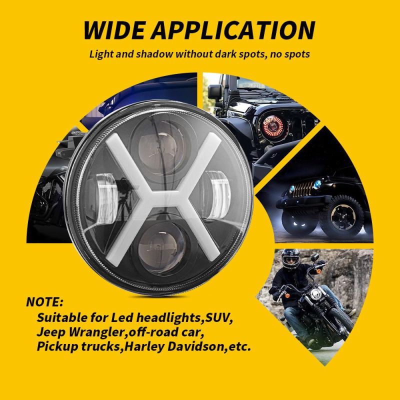 Dxz 12V 24V CREE LED Headlight with DRL Turn 5.75 Inch X-Shaped Round for Jk Wrangler Jeep Motorcycle High Low Beam