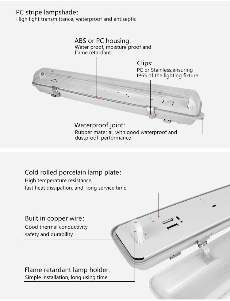 Triproof 2FT/4FT/5FT IP65 Waterproof Lighting Light Fluorescent LED Tube Fitting