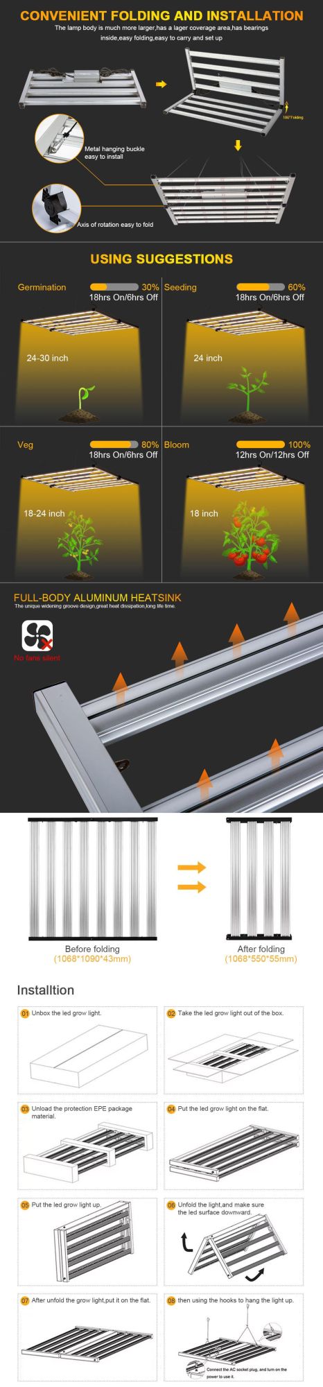 Hot Sales Indoor Grow Lights 8 Bar 1000W Full Spectrum LED Medical Vegetables Grow Light