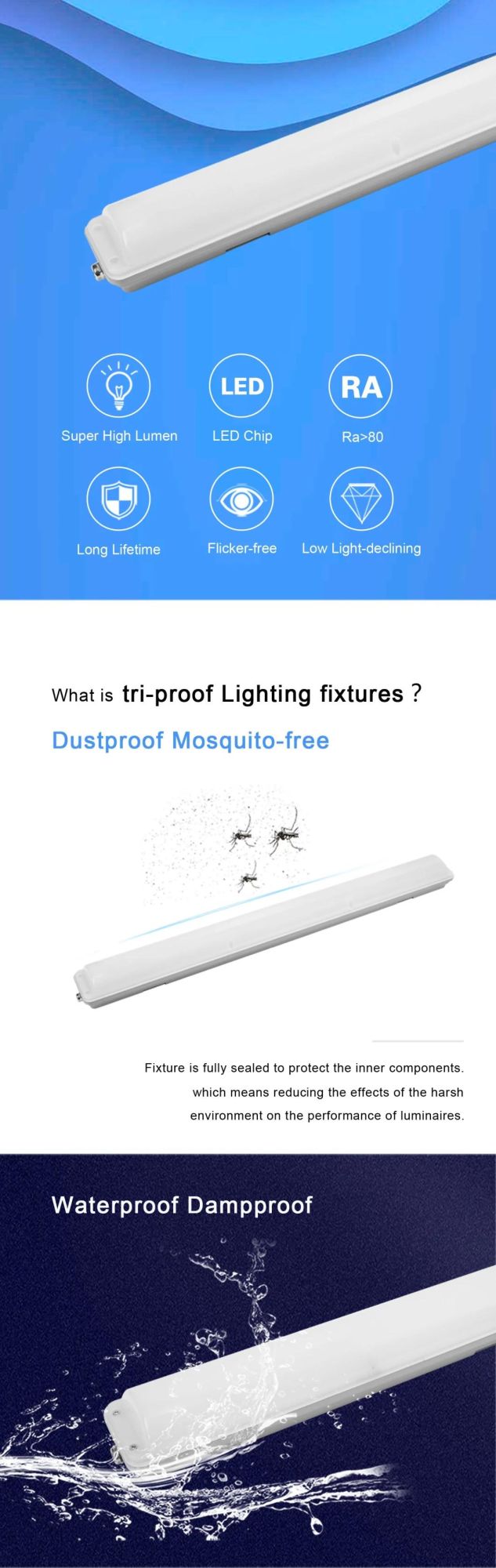 LED Tunnel Tri-Proof Lighting IP65 Aluminum Housing LED Waterproof Batten White Lamp with No Clips Protection From Dismantlement LED Triproof Tube Light