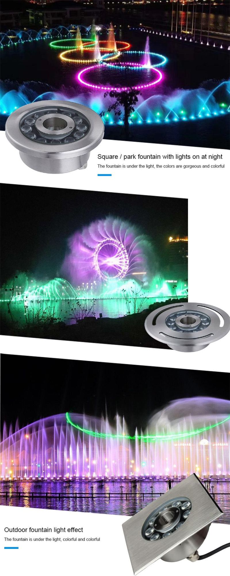 RGB 3in1 LED Fountain Light 27W 24V IP68 316 Stainless Steel Luces Sumergibles PARA Fuentes