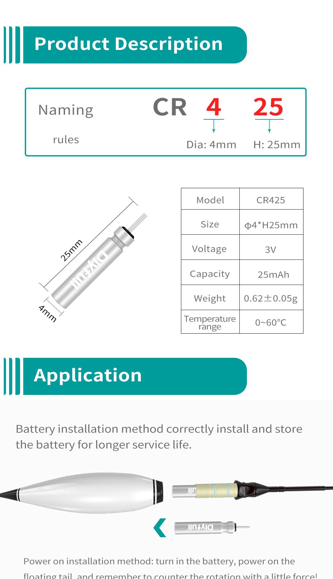 Dlyfull Direct Selling Factory 3V Cr425 Pin Type Battery for Night Fishing LED