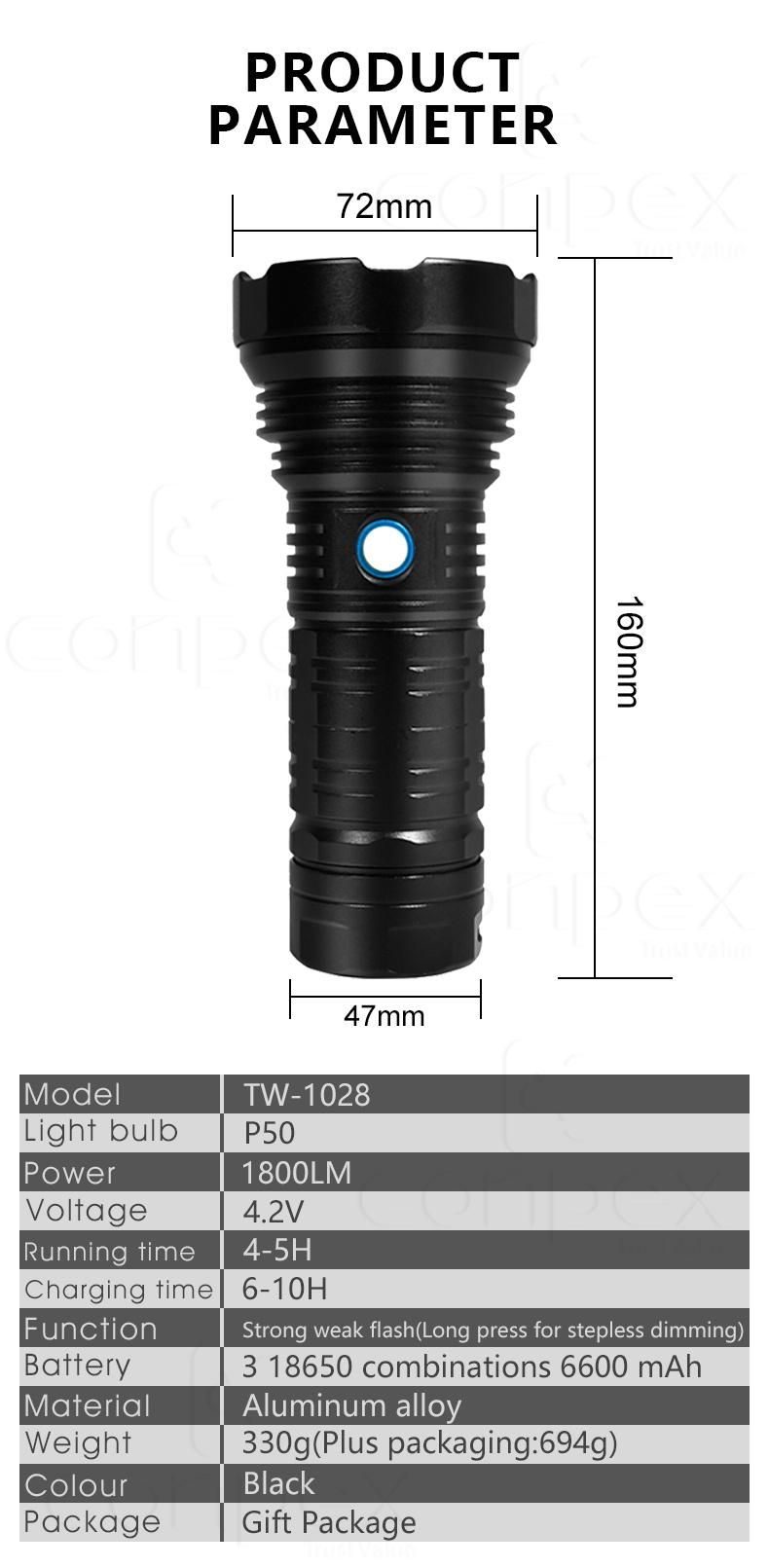 Conpex High Powered Handheld Zoomable Rechargeable Battery Diving Recharge Tactical Light LED Torch Flashlight