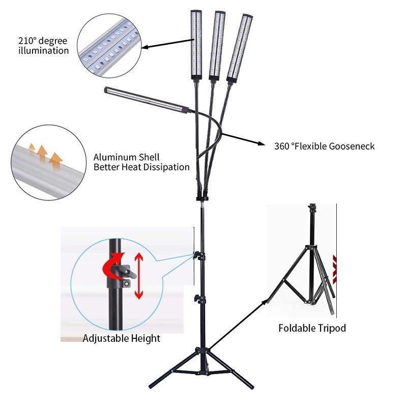 100W Adjustable Clip Light LED Grow Full Spectrum 4 Head Grow Lights with Tripod Stand