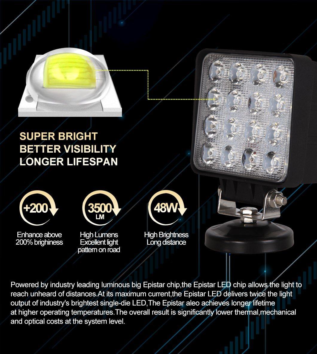 48W 16LED 6000K 3500lm Square Waterproof LED Work Light for off-Road SUV Boat