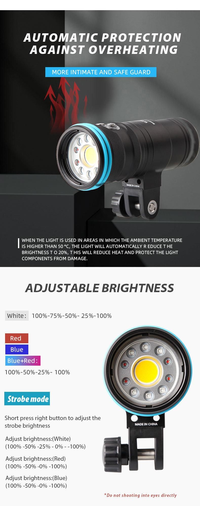 Wide Beam Angle Underwater 100 Meters Diving Photography Light with Safety Lock Function and Battery Power Indicator