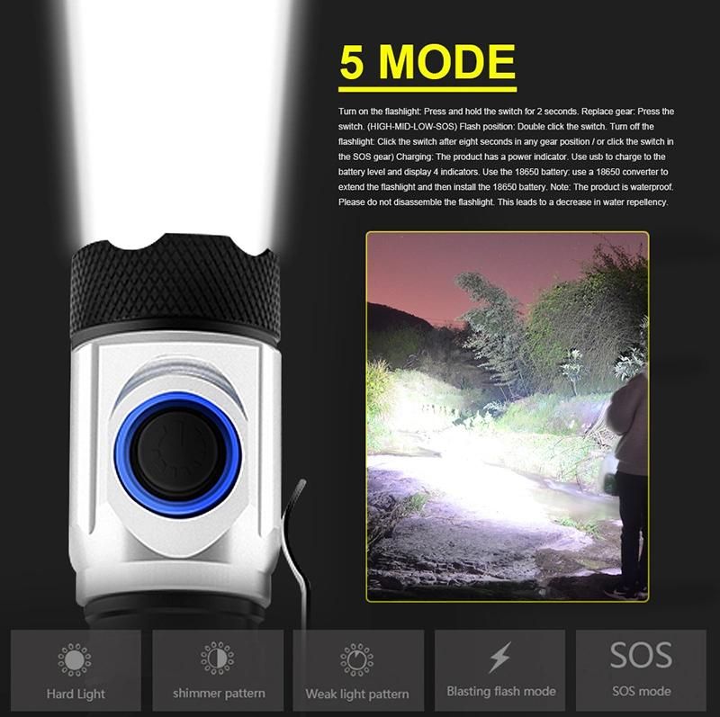 Pocket Clip Tactical LED Flashlights Torch Lights Xpg3 USB Rechargeable 18650 Battery