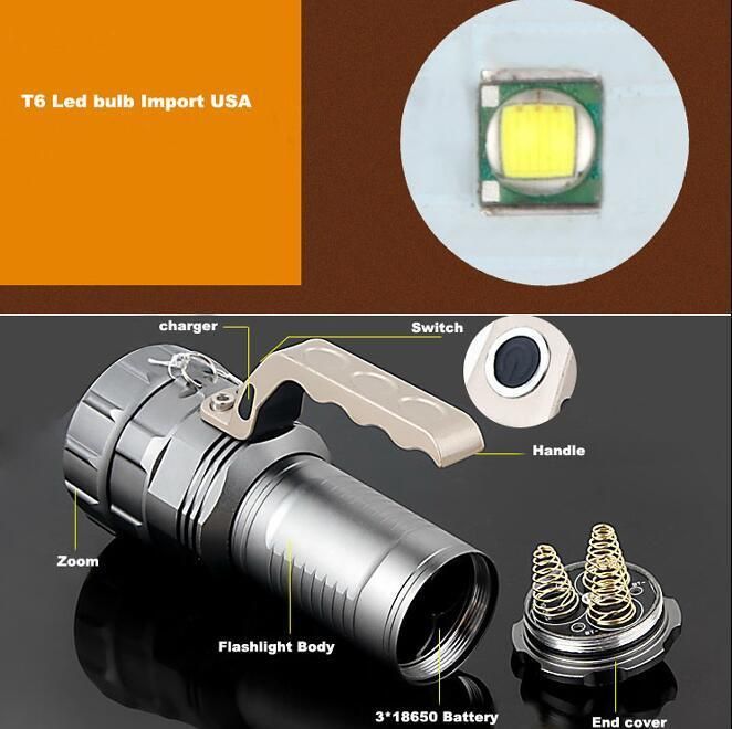 10W T6 Bulb 1000 Lumens LED Rechargeable Flashlight Outdoor Light