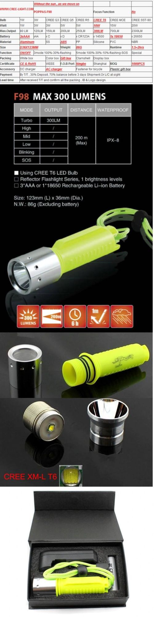 10W / 300lumens Xml Tt6LED Diving Flashlight