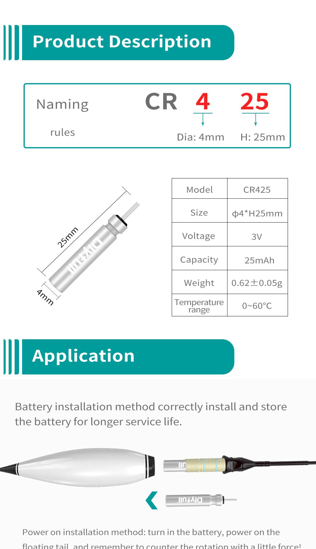 Dlyfull Manufacturer Wholesale Direct Selling 3V Cr425 Pin Type Battery for Night Fishing LED