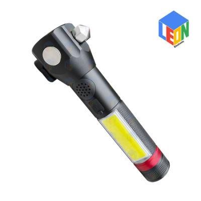 Rechargeable Multi-Function LED Emergency Warning Work Fire Flashlight, with Safety Hammer Belt Cutter and Magnet