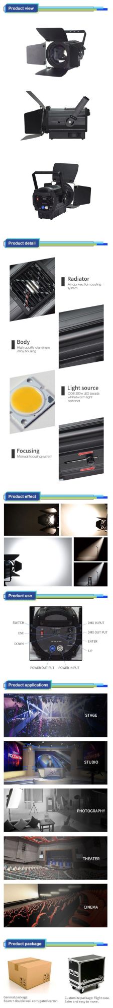 Yuelight LED 200W Video Fresnel Light with Zoom for Peformances Studio
