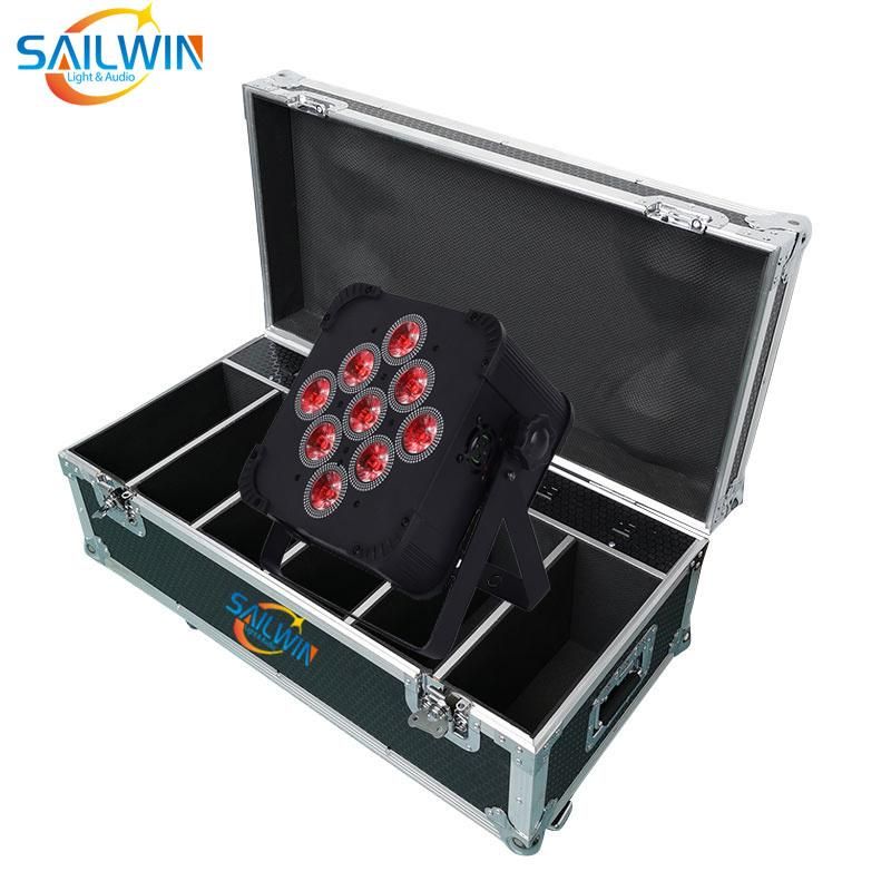 USA Stock 9X18W Rgbaw UV Battery Powered Wireless DMX LED Flat PAR Light with Charging Flight Case