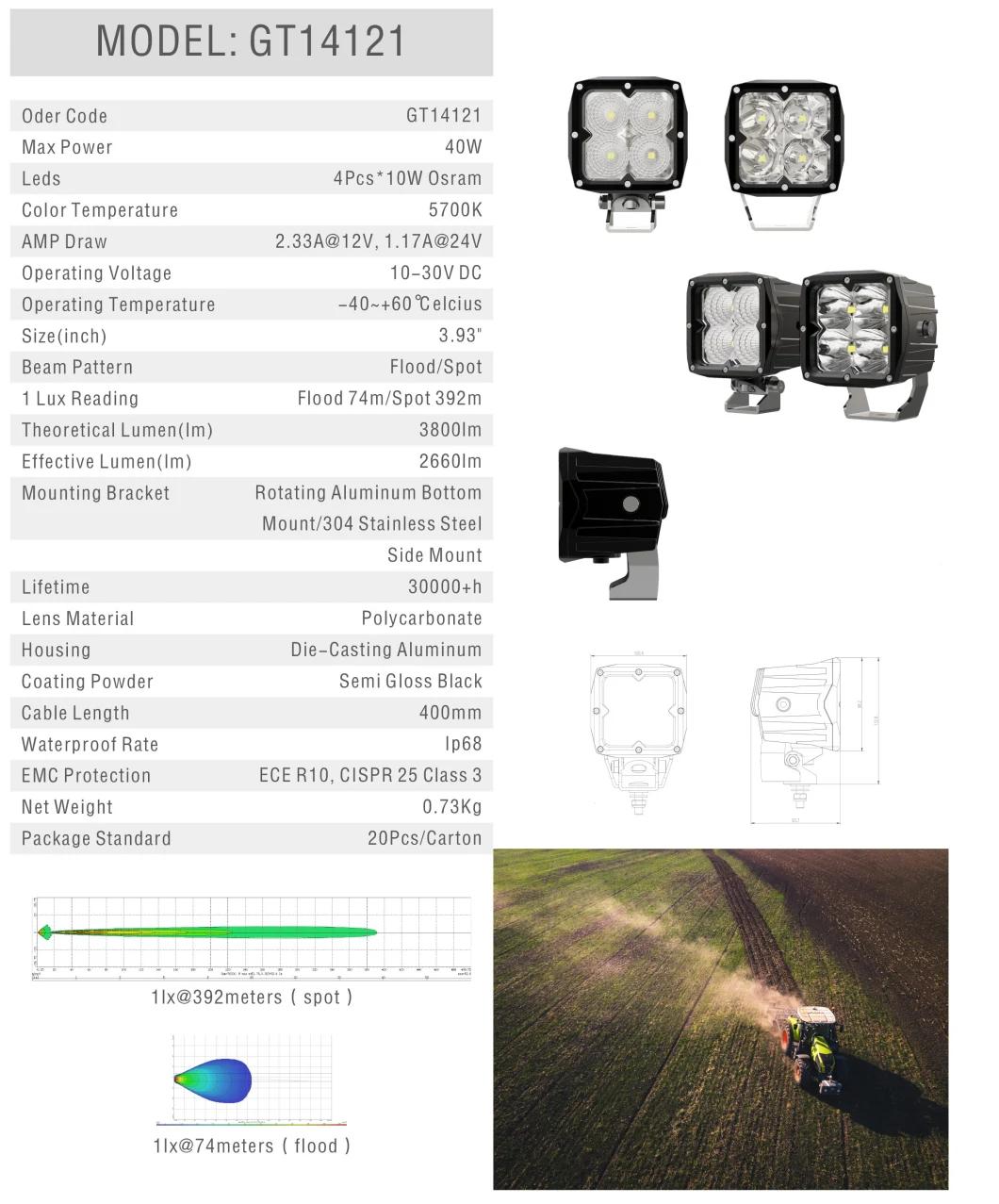 Heavy Duty 40W 12V 24V Rectangle LED Flood Work Light for Offroad Forklift Marine Mining