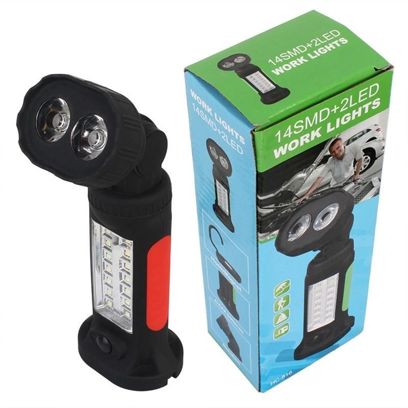 Hands Free Flashlight with 360 Degree Rotating Hanging Hook and Magnetic Base 4*AAA COB 14+2 LED Work Light