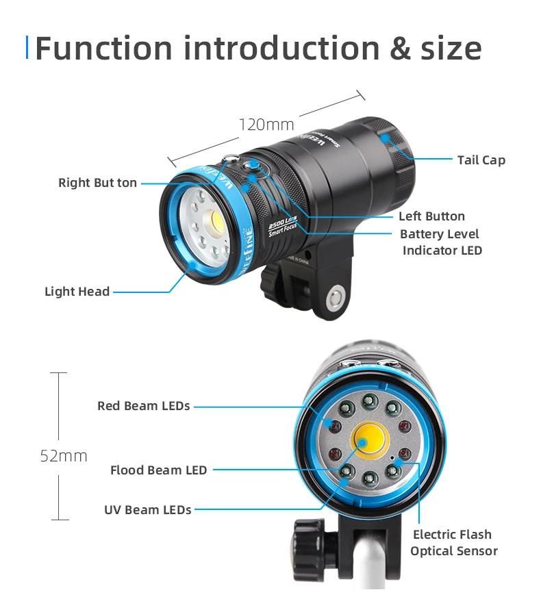 Underwater Dive Light with 2500 Lumens for Taking Photos Smart Focus′s Brightness in Sea