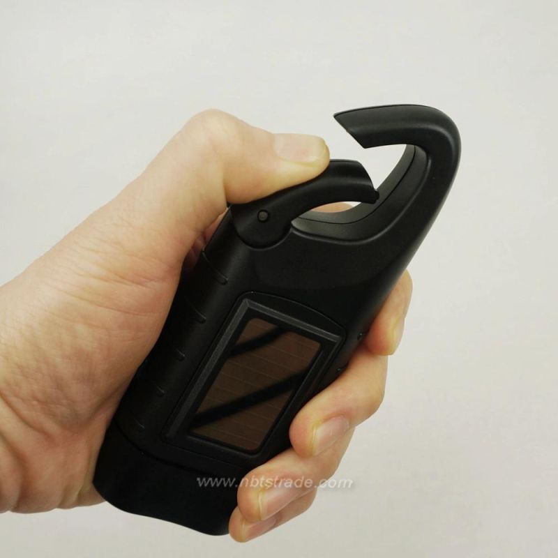 Dynamo Hand Crank and Solar Power LED Flashlight with Carabiner Clasp