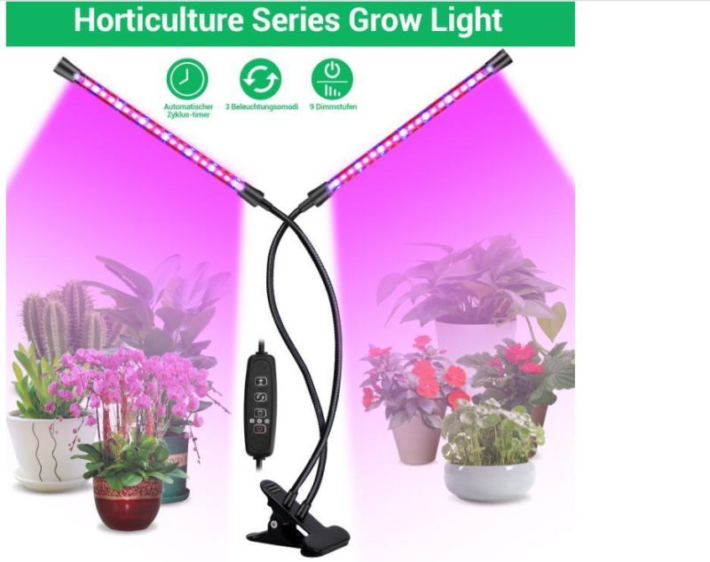 Indoor Plant Growing Lamp with Clip Red Blue Spectrum Auto on/off Dimmable 12W 2-Head LED Grow Light
