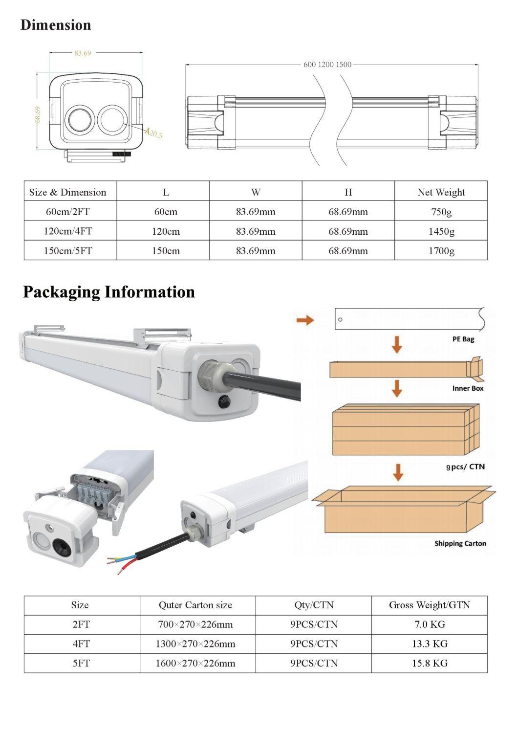 Washdown Vapor Luminaire IP65 2FT 20W Bulb LED Batten Lights