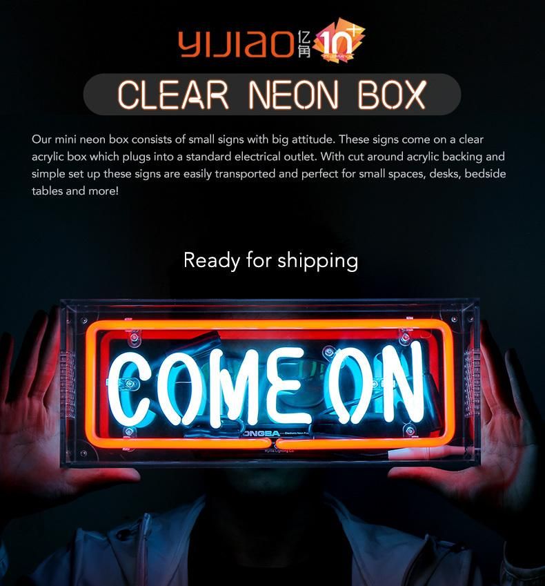 Custom LED Glass Neon Sign Light Clear Box Neon Light on Desktop