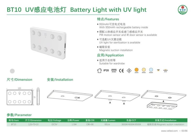 DC5V New UV Wardrobe USB Recharging Battery LED Light with PIR Motion Sensor/IR Door Sensor