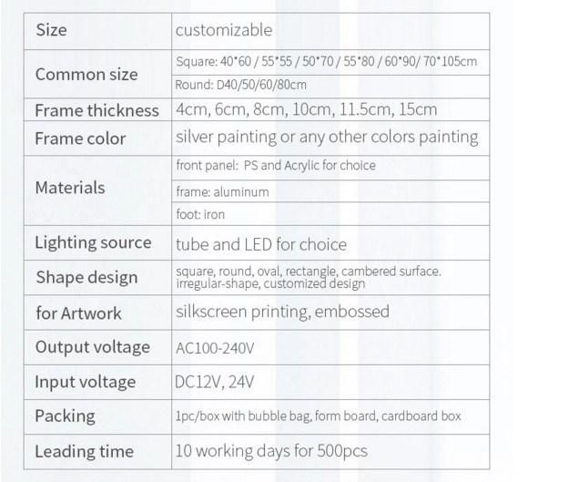 Customized Logo Aluminum Frame Vacuum Forming LED Light Box