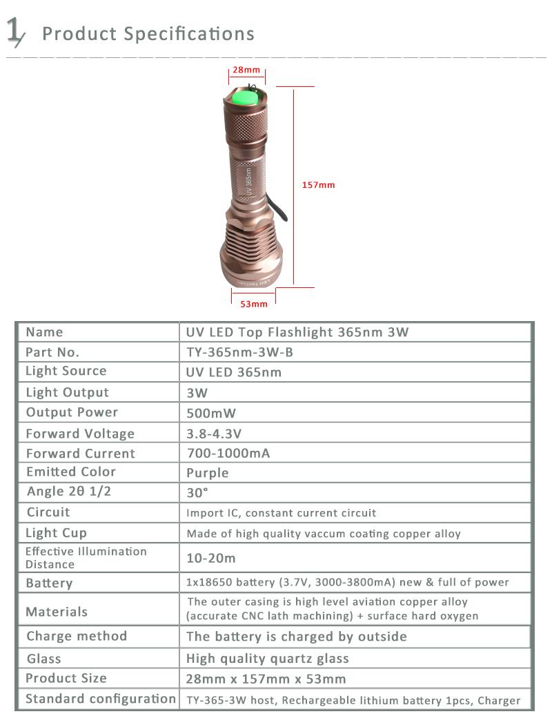 UV LED Nichia 365nm LED UV Flashlight 3W