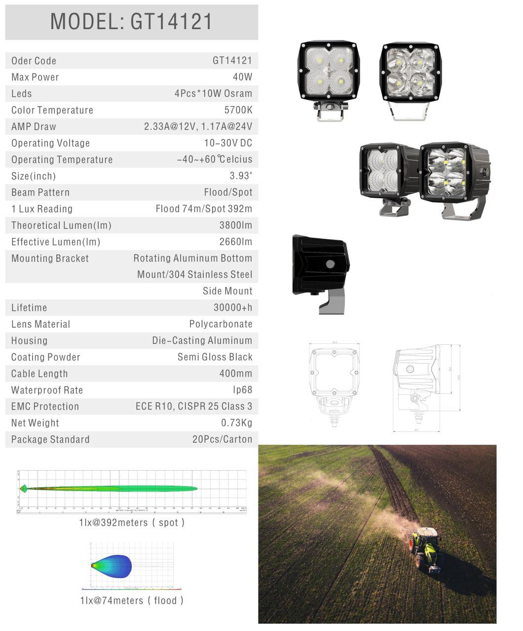 Hot Sale New Emark ECE R10 40W 4inch Osram Suqare LED Work Light for Tractor Offroad Truck 4X4