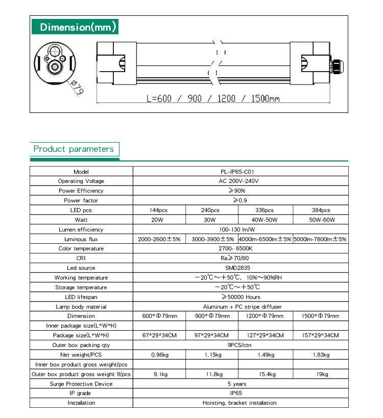 Waterproof Dustproof Anti-Corrosion 5200lm 40W LED Tri-Proof Light with IP65