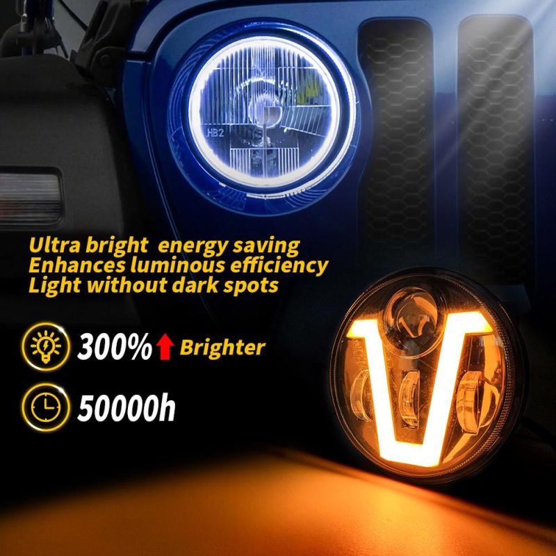 Dxz 12V 24V CREE LED Headlight with DRL Turn 5.75 Inch V-Shaped Round for Jk Wrangler Jeep Motorcycle High Low Beam