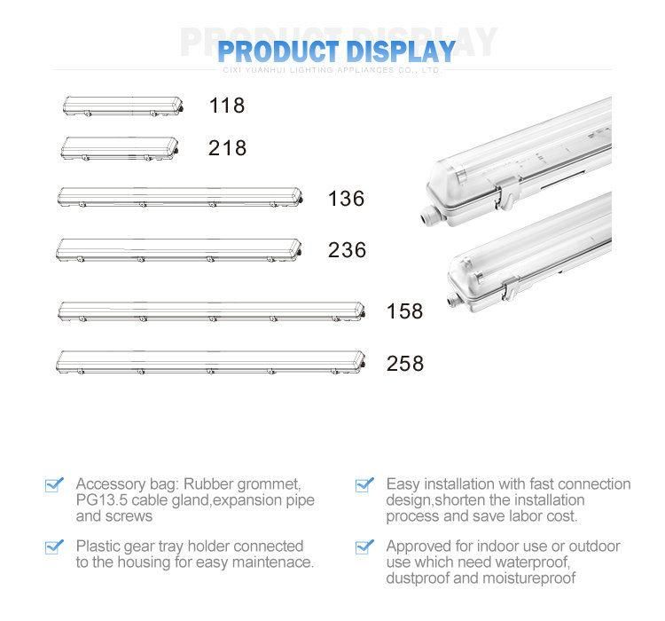 High Quality LED Tube Lighting Waterproof Single/Double Tri-Proof Fluorescent Tube (YH11)