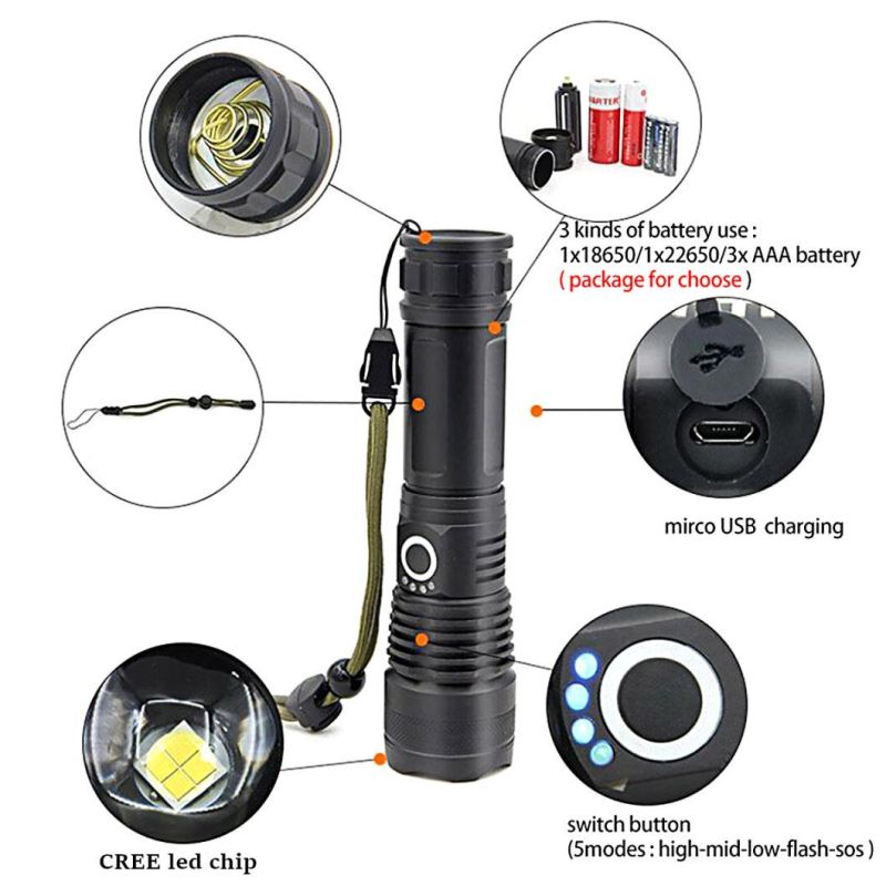 High Power USB Rechargeable Outdoor Camping Searching Work Aluminum LED Flashlight with Zoom in and Zoom out Function