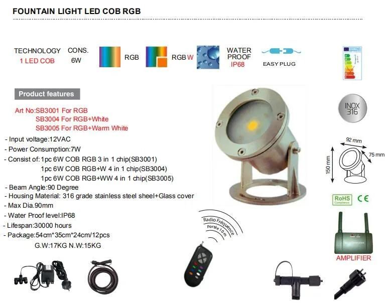 316 Stainless Steel 12V 7W Fountain LED Light COB RGB with Remote Control<Sb3001>