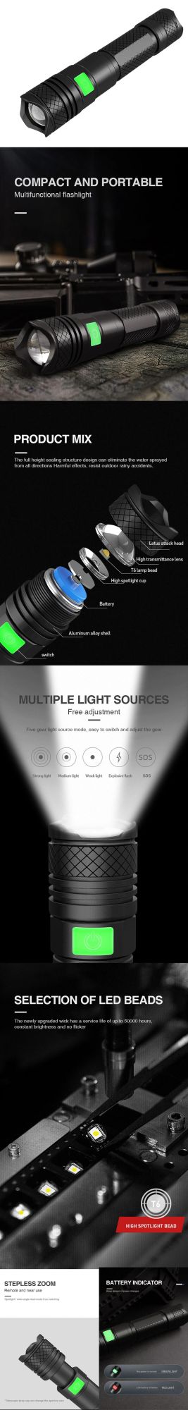 600 Lumen USB Rechargeable Zoomable LED Tactical Flashlight