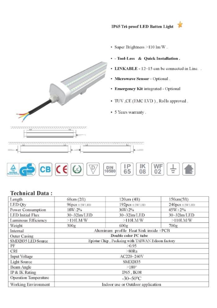 Weatherproof Batten Fitting Tri-Proof 4FT 36W LED Vapor Tight Light