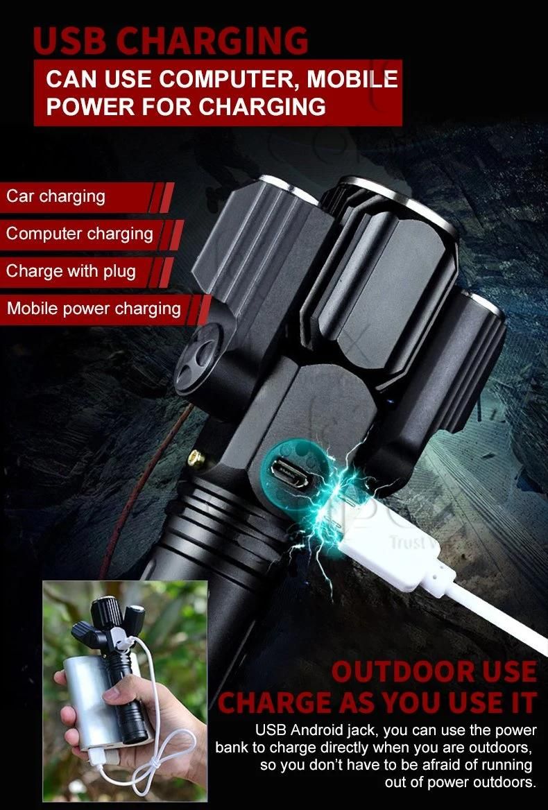 T6 Light Bulbs 18650 Battery Multi Function Zoom & Rotatable USB Rechargeable Aluminum Alloy Flashlight