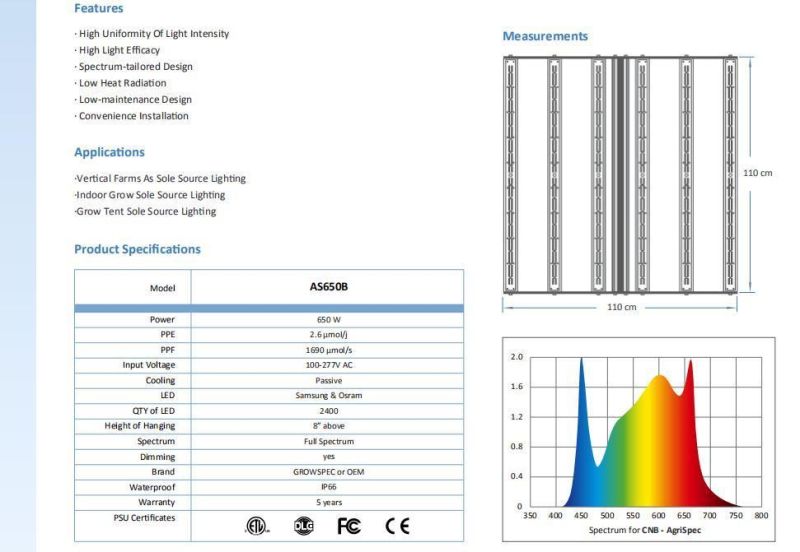 Greenhouse Vertical Farming Dimmable 650W LED Grow Light