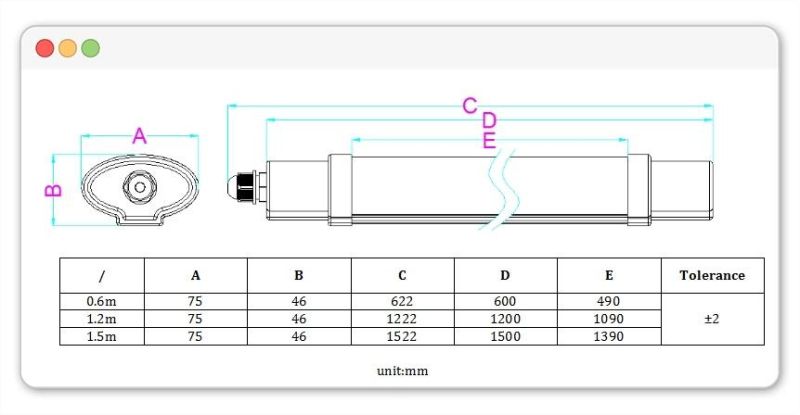 1500mm IP65 50W LED Tri-Proof Light Fixture Batten Light