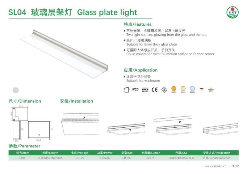 LED Glass Recessed Shelf Plate Light for Washroom Lighting