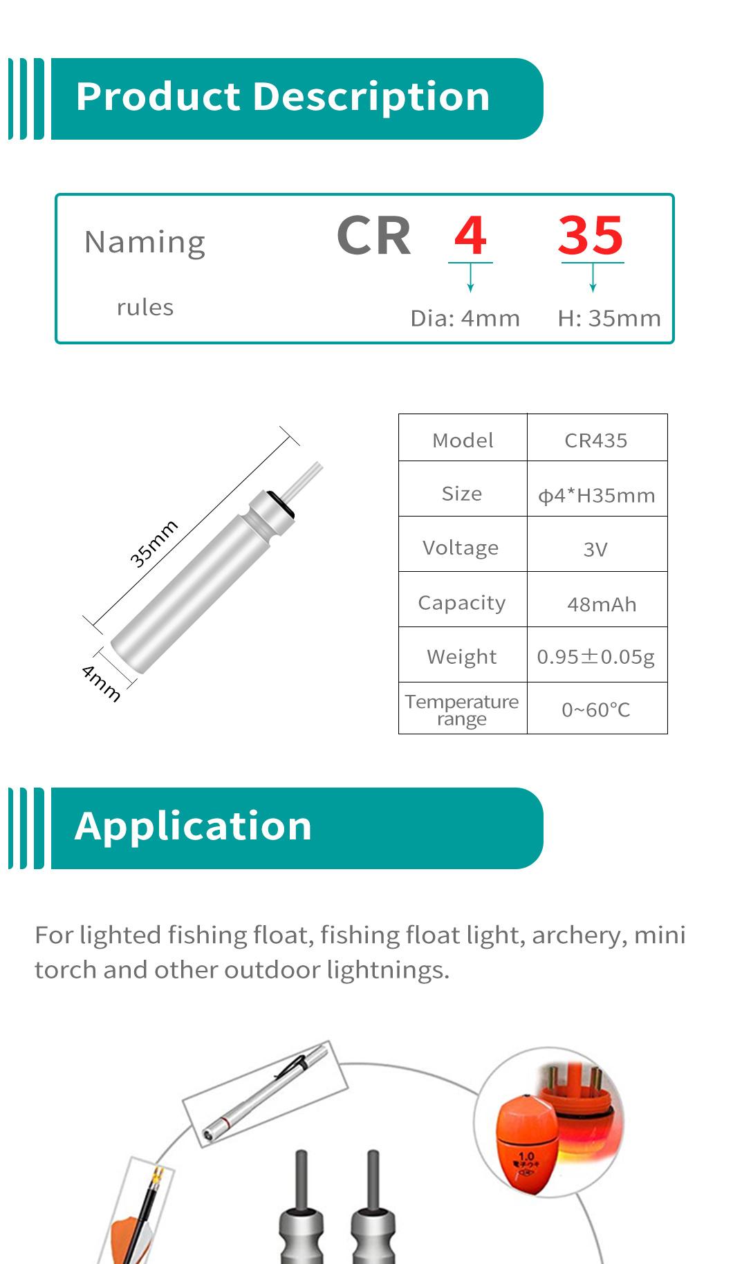 Dlyfull 3V Cr435 for Night Fishing Waterproof Pin Type Tiny Battery