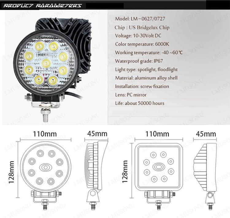 4.3 Inch Car Bridgelux LED Spot Light 27W Offroad LED Work Light