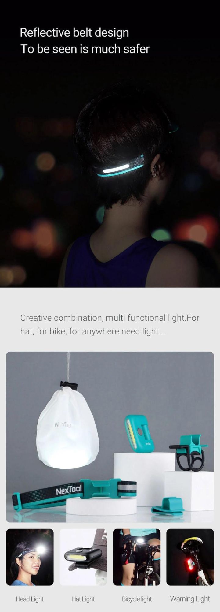 Nextool New High Lumen COB Rechargeable Headlamp with Warning Light