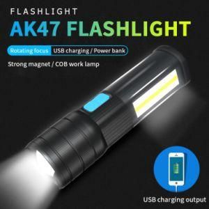 Multi-Function USB Rechargeable Zoomable T6 LED Flashlight Bright COB Lamp Magnet Portable Flash Light USB Output for Mobile Phone