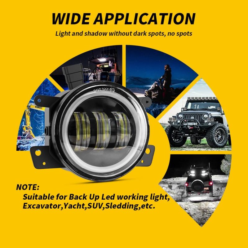 Dxz Top Quality 4inch 30W Angel Eye H8h11 LED Car Axl Fog Light for Jeep Wrangler 4X4 Front Bumper Light White+Yellow CREE Chips with Aperture